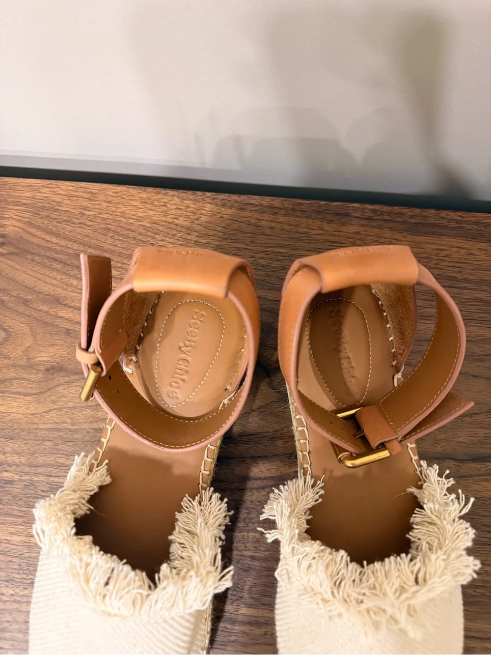 See By Chloé Cream Woven Fringe Espadrille Sandals with Tan Ankle Straps